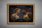 Oak frame NBA wall display featuring Larry Bird vs Magic Johnson rivalry scene, classic sports wall art for collectors