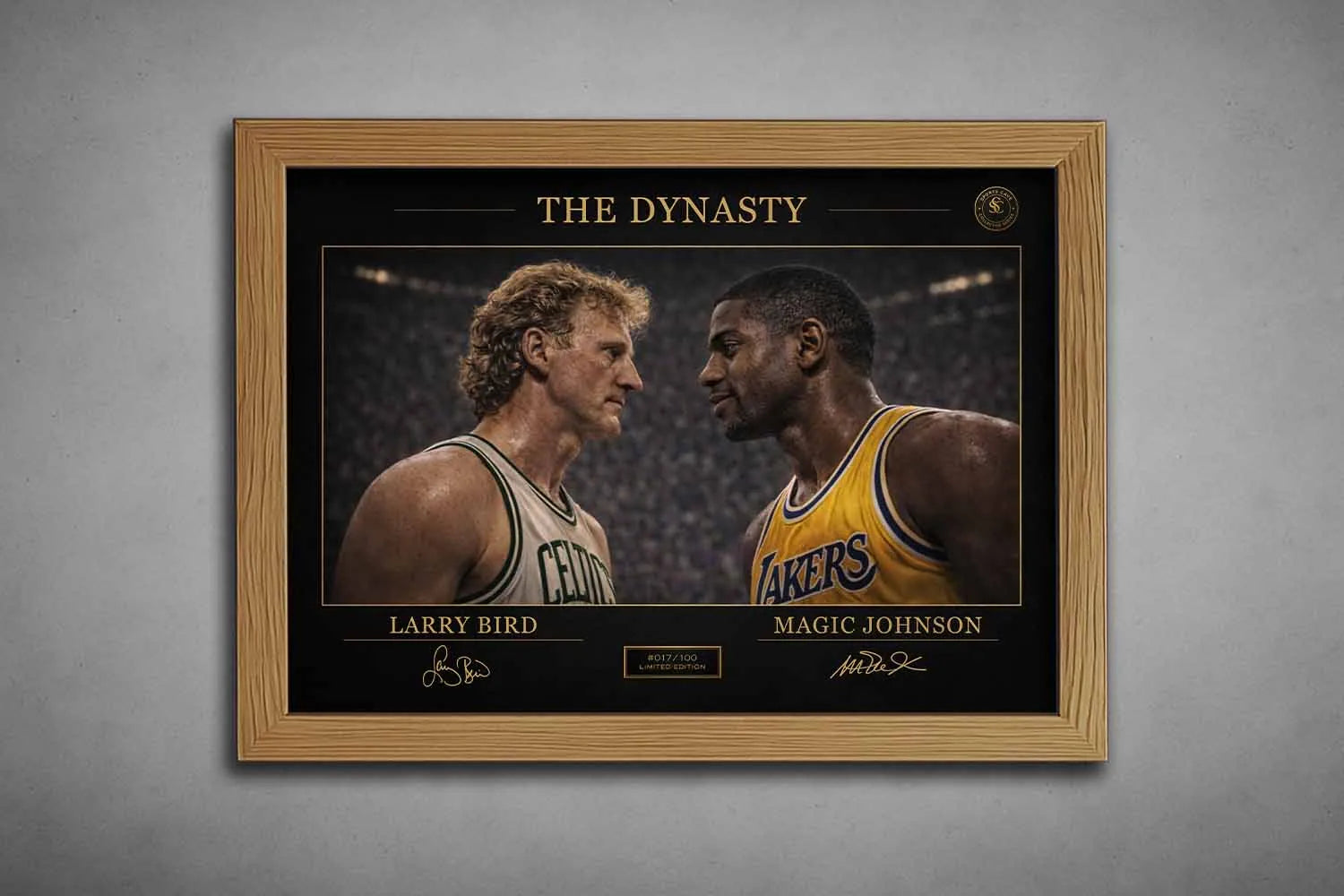 Oak frame NBA wall display featuring Larry Bird vs Magic Johnson rivalry scene, classic sports wall art for collectors