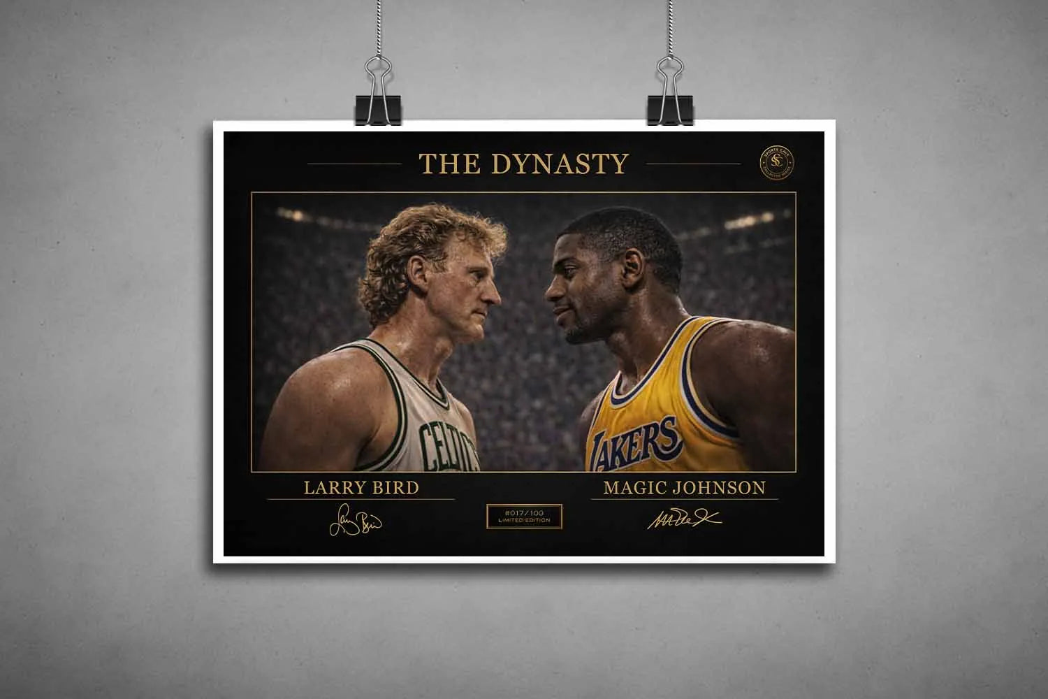 Unframed Larry Bird vs Magic Johnson NBA rivalry print, detailed limited edition sports prints with bold contrast