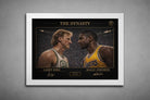White frame Larry Bird and Magic Johnson rivalry artwork, clean framed sports memorabilia for modern interiors