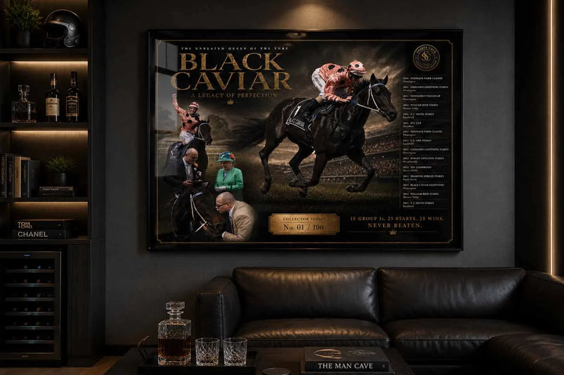 Black Caviar man cave wall décor displayed in a luxury lounge with framed sports memorabilia styling.
