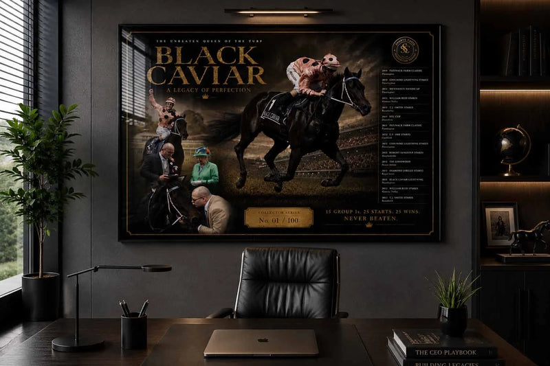 Black Caviar sports wall art featured in a modern executive office with premium collector-style framing.