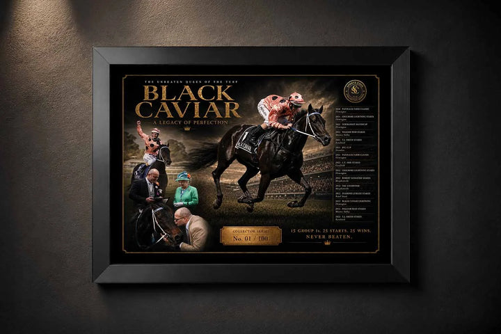 Black Caviar framed sports wall art showcasing the unbeaten racehorse in a premium black collector frame.