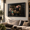Black Caviar horse racing wall art displayed above a neutral sofa in a bright contemporary living room with a black frame.