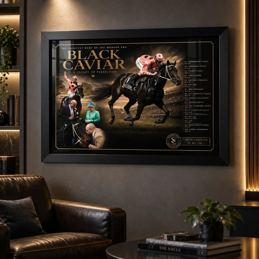 Black Caviar horse racing wall art displayed in a dark luxury man cave with black leather seating and warm accent lighting.