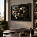 Black Caviar horse racing wall art displayed in a modern executive office with a dark desk, city view and black frame.