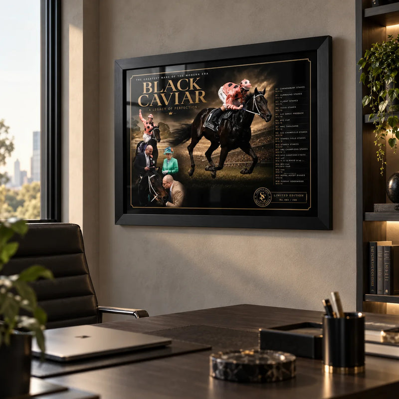Black Caviar horse racing wall art displayed in a modern executive office with a dark desk, city view and black frame.
