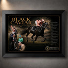 Black Caviar horse racing wall art in a black frame, featuring the champion mare, jockey and limited-edition collector design.