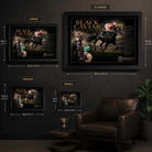 Black Caviar framed horse racing wall art size guide showing Small, Medium, Large and XL display dimensions.