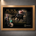 Black Caviar horse racing wall art presented in an oak frame against a neutral gallery wall.