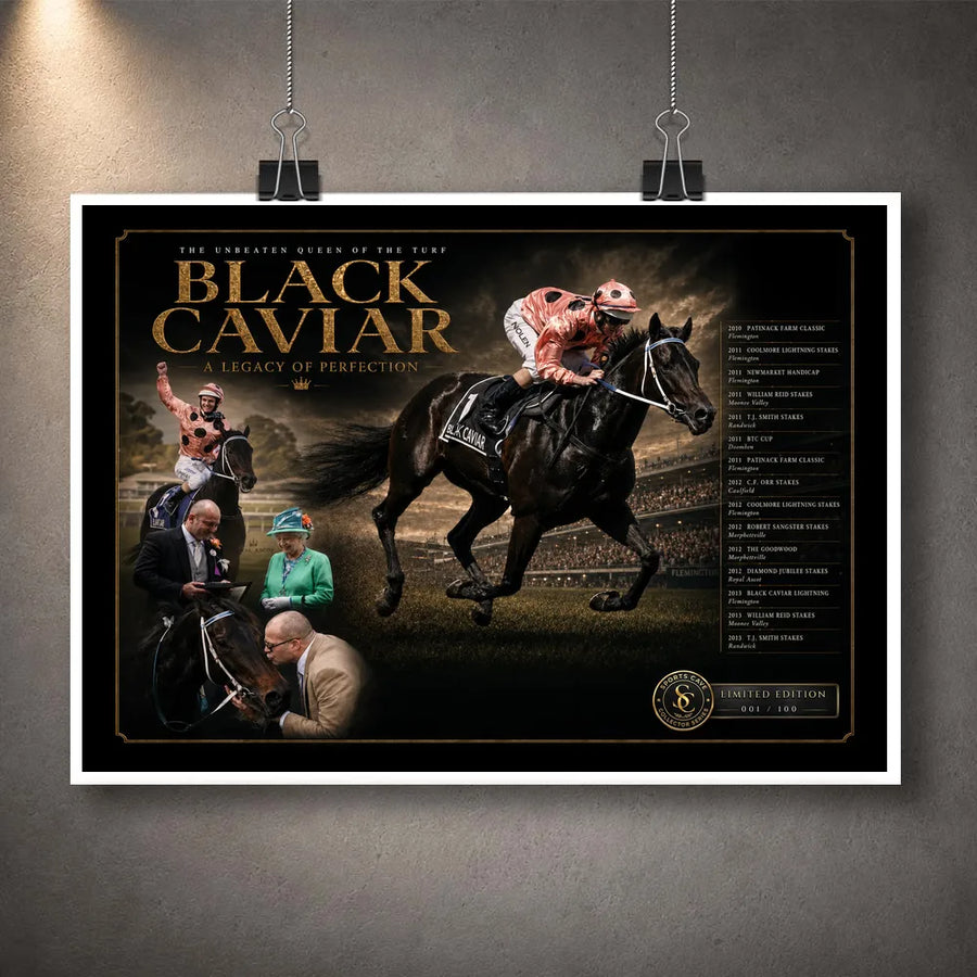 Black Caviar horse racing wall art shown unframed as a collector print with a white border and hanging clips.