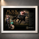 Black Caviar horse racing wall art presented in a white frame against a neutral gallery wall.