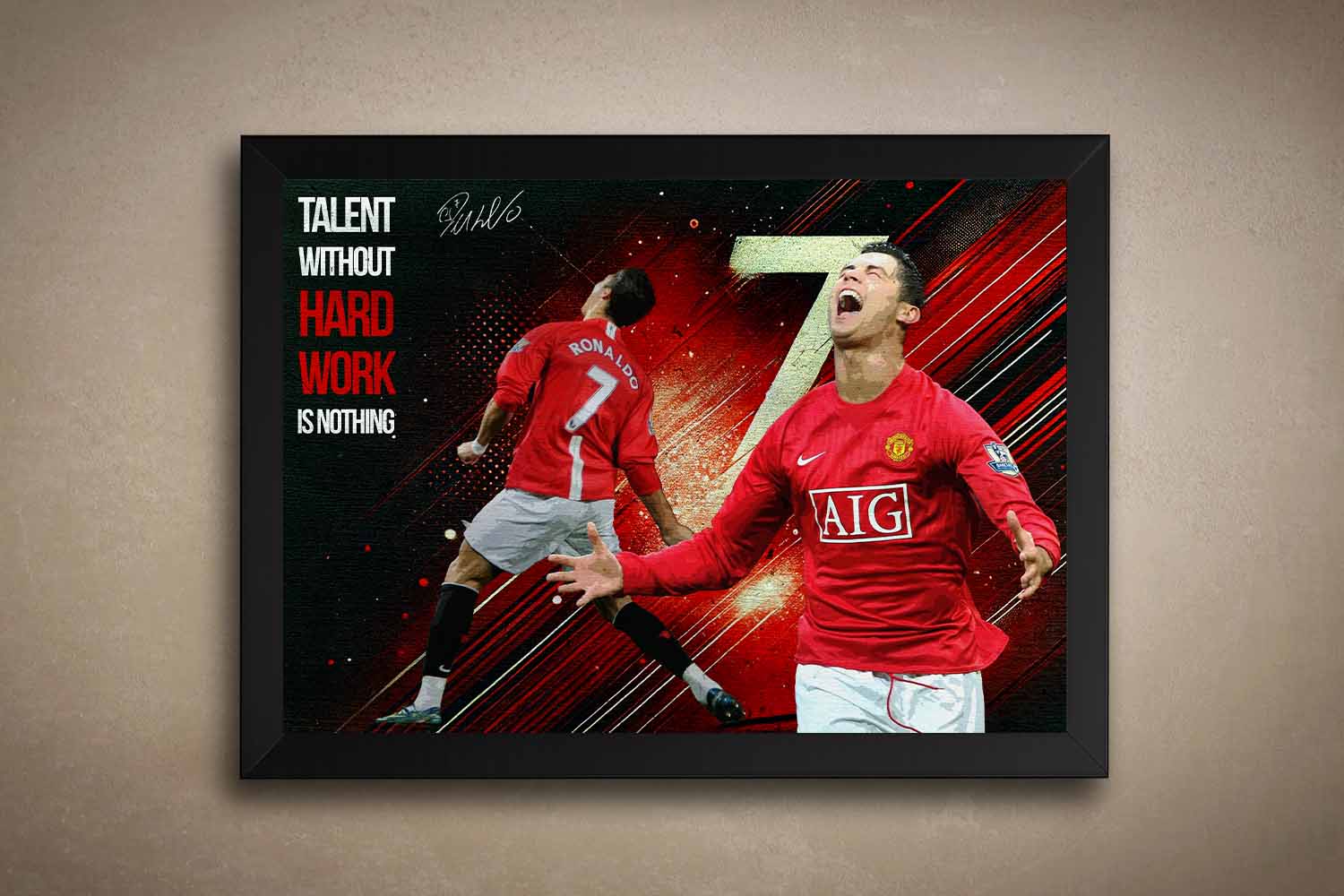 Framed sports art of Cristiano Ronaldo in a red Manchester United kit with motivational quote, perfect for man cave wall décor.