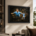Kevin De Bruyne Manchester City soccer wall art in a black frame on a bright living room wall.