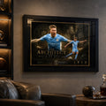 Kevin De Bruyne Manchester City framed soccer wall art displayed in a dark sports man cave.