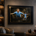 Kevin De Bruyne Manchester City framed soccer wall art displayed in a dark sports man cave.