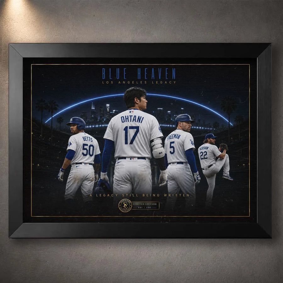 Black framed Blue Heaven Los Angeles baseball wall art featuring Ohtani, Betts, Freeman and Kershaw beneath city lights.