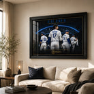 Blue Heaven Los Angeles baseball wall art in a bright living room above a cream sofa, shown in a black frame.