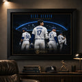 Black framed Blue Heaven baseball wall art displayed in a dark man cave with Los Angeles baseball memorabilia.