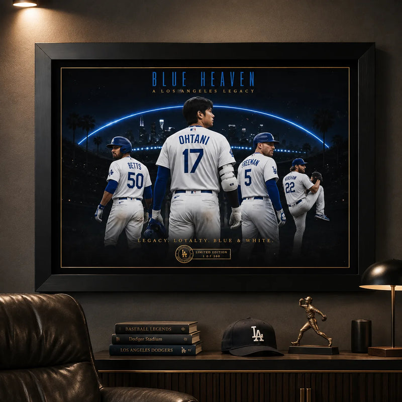 Black framed Blue Heaven baseball wall art displayed in a dark man cave with Los Angeles baseball memorabilia.