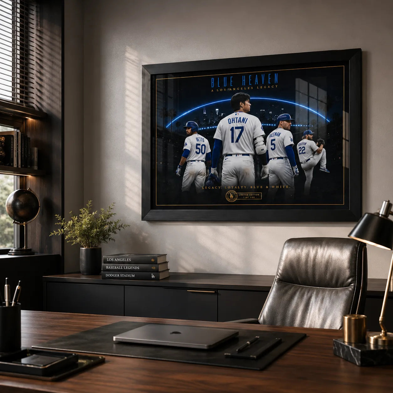 Blue Heaven Los Angeles baseball wall art in a modern office, black framed above a dark cabinet and desk.