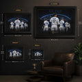 Blue Heaven baseball wall art size guide showing Small, Medium, Large and XL framed dimensions in centimetres and inches.