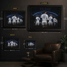 Blue Heaven baseball wall art size guide showing Small, Medium, Large and XL framed dimensions in centimetres and inches.