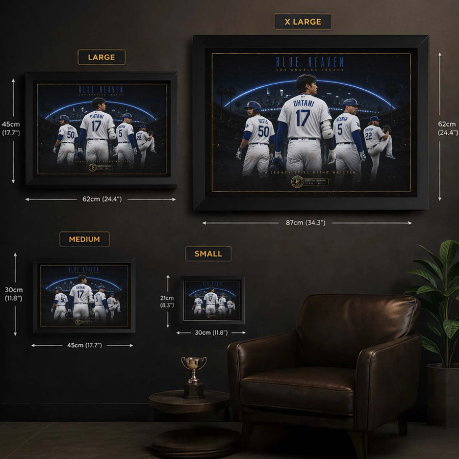 Blue Heaven baseball wall art size guide showing Small, Medium, Large and XL framed dimensions in centimetres and inches.