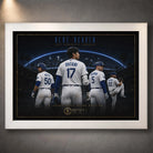 White framed Blue Heaven Los Angeles baseball wall art with Ohtani, Betts, Freeman and Kershaw against the city at night.