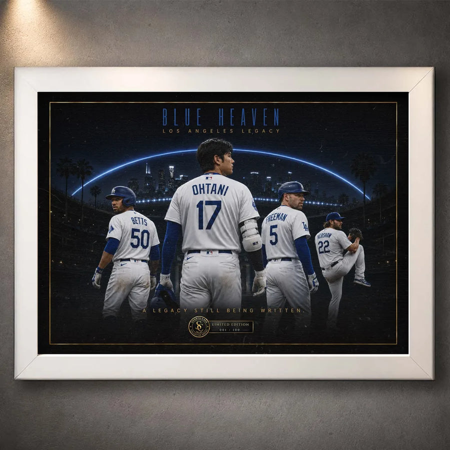 White framed Blue Heaven Los Angeles baseball wall art with Ohtani, Betts, Freeman and Kershaw against the city at night.