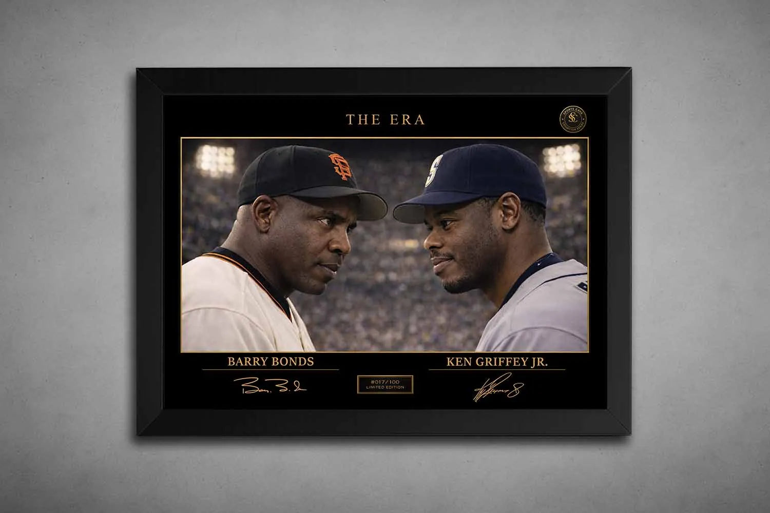 A black frame highlights Barry Bonds and Ken Griffey Jr. in The Era rivalry, framed sports memorabilia for collectors.
