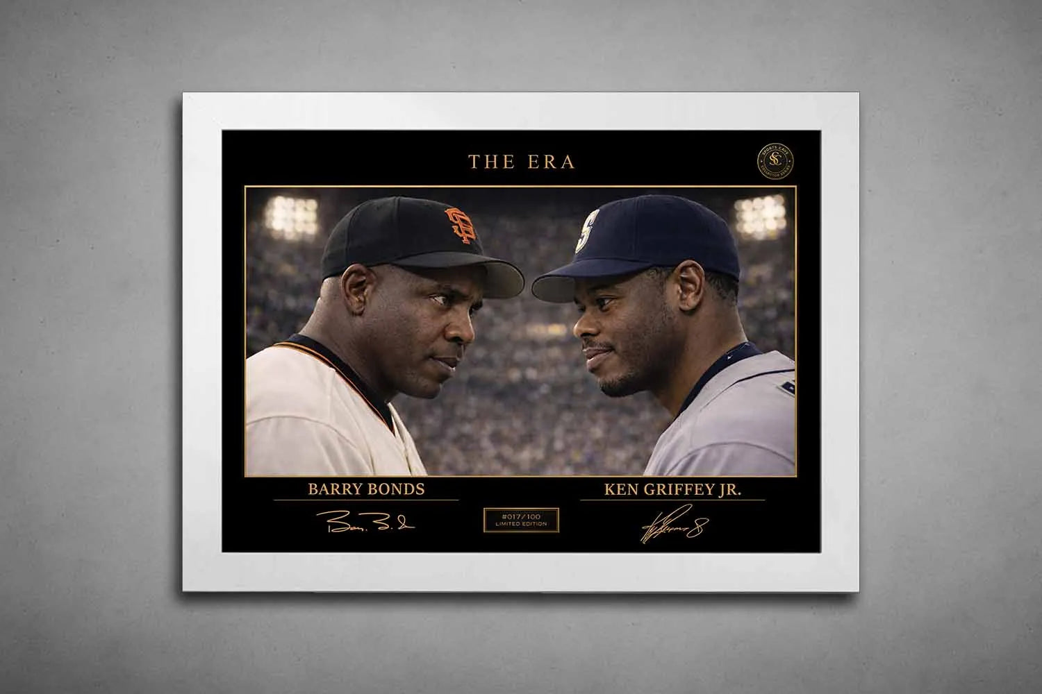 White frame presentation of The Era rivalry featuring Barry Bonds and Ken Griffey Jr., framed sports art for display.