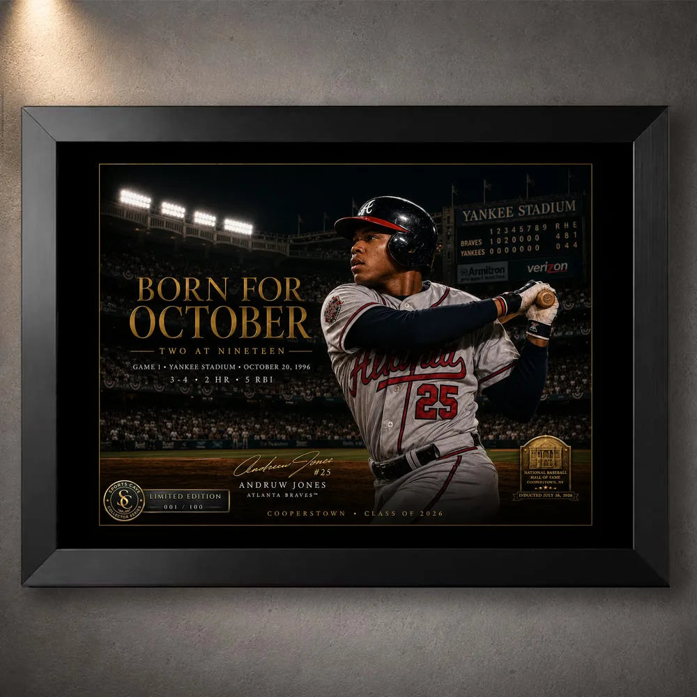 Black framed Born for October Andruw Jones baseball wall art featuring his Atlanta Braves swing at Yankee Stadium.