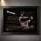 Black framed Born for October Andruw Jones baseball wall art featuring his Atlanta Braves swing at Yankee Stadium.