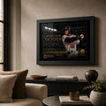 Born for October Andruw Jones wall art displayed in a warm living room above a low cabinet in a black frame.