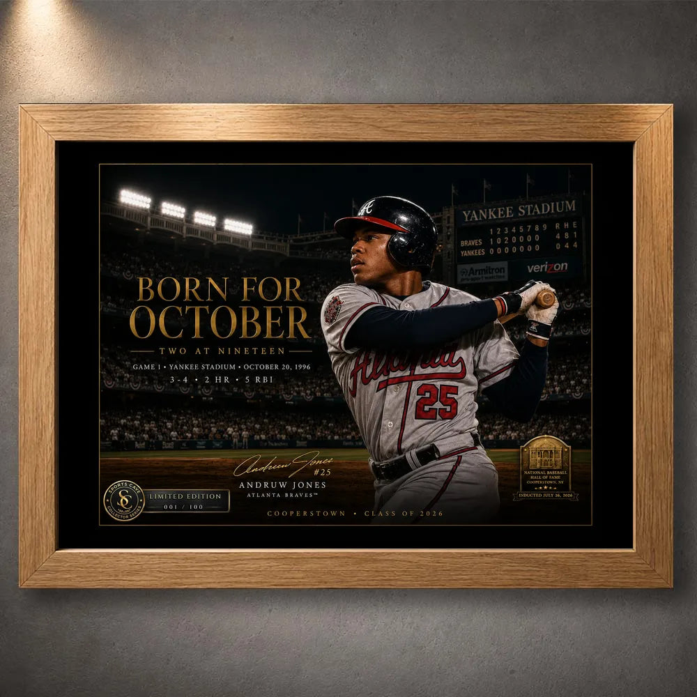 Oak framed Born for October Andruw Jones baseball wall art featuring the Atlanta Braves outfielder at bat.