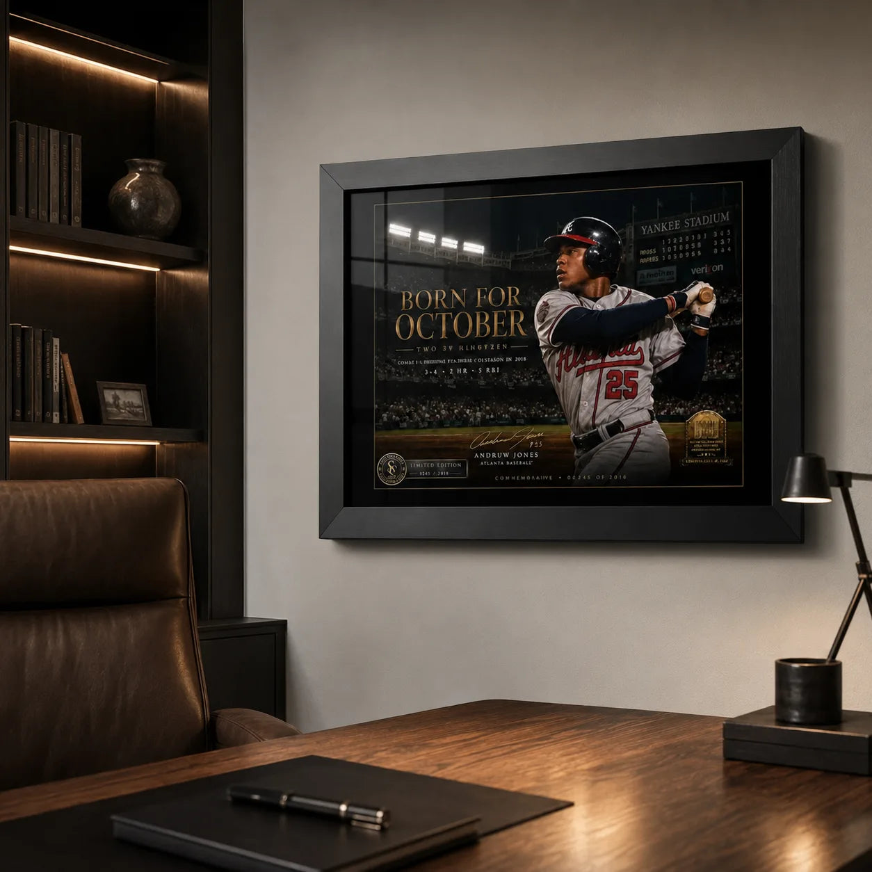 Born for October Andruw Jones wall art shown in a modern office above a timber desk in a black frame.
