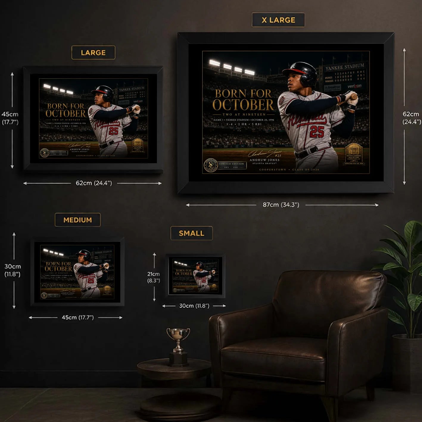 Andruw Jones wall art size guide showing small, medium, large and extra-large framed dimensions.