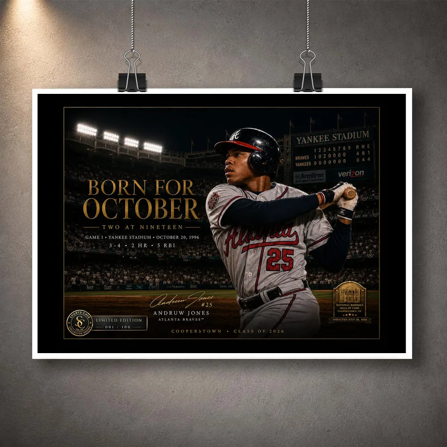 Unframed Born for October Andruw Jones baseball wall art presented as a gallery print with white border and clips.