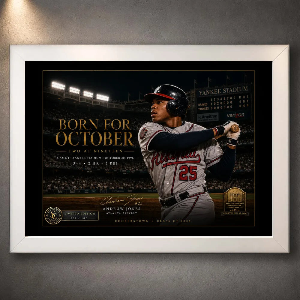 White framed Andruw Jones Born for October baseball wall art with Yankee Stadium and collector details.