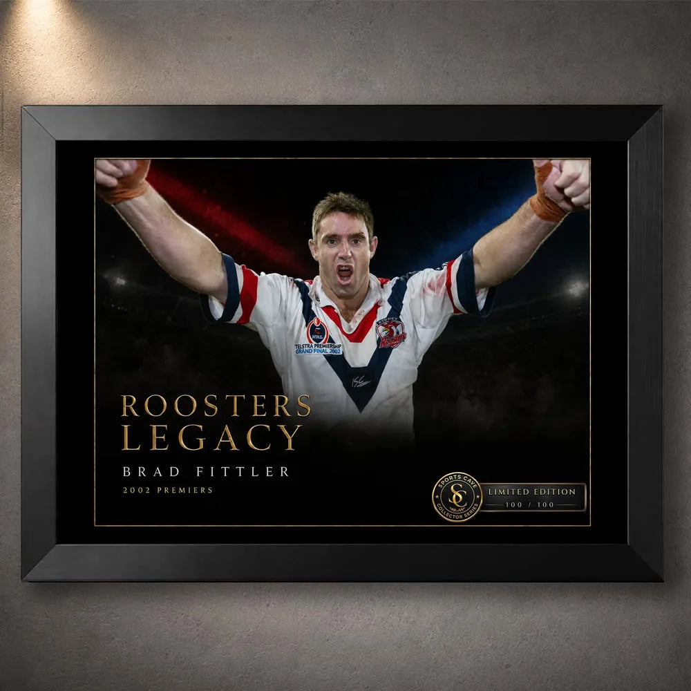 Black framed Brad Fittler wall art featuring the Roosters Legacy 2002 premiership tribute for rugby league collectors.