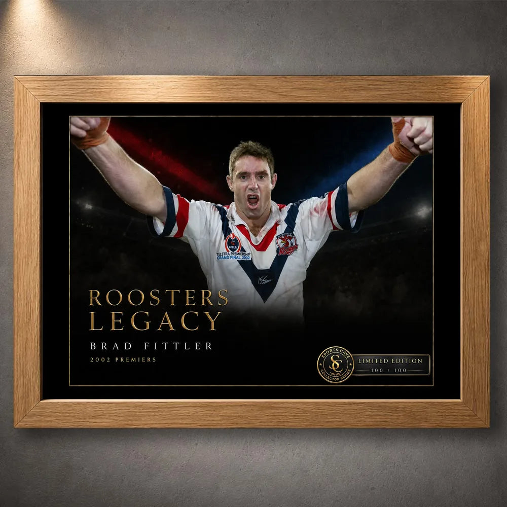 Oak framed Brad Fittler wall art featuring the Roosters Legacy 2002 premiership tribute for a rugby league collection.