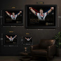 Brad Fittler wall art size guide showing the available Small, Medium, Large and XL framed dimensions.