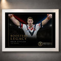 White framed Brad Fittler wall art featuring the Roosters Legacy 2002 premiership tribute for a clean collector display.