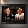 Black framed Dynasties Collide Bradshaw vs Montana NFL wall art for a premium football memorabilia display.