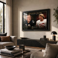 Bradshaw vs Montana wall art displayed in a warm modern living room with a black frame and collector-focused styling.