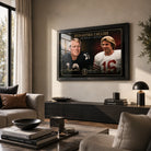 Bradshaw vs Montana wall art displayed in a warm modern living room with a black frame and collector-focused styling.