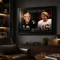 Dynasties Collide NFL wall art in a dark man cave, featuring Bradshaw and Montana in a black framed rivalry display.
