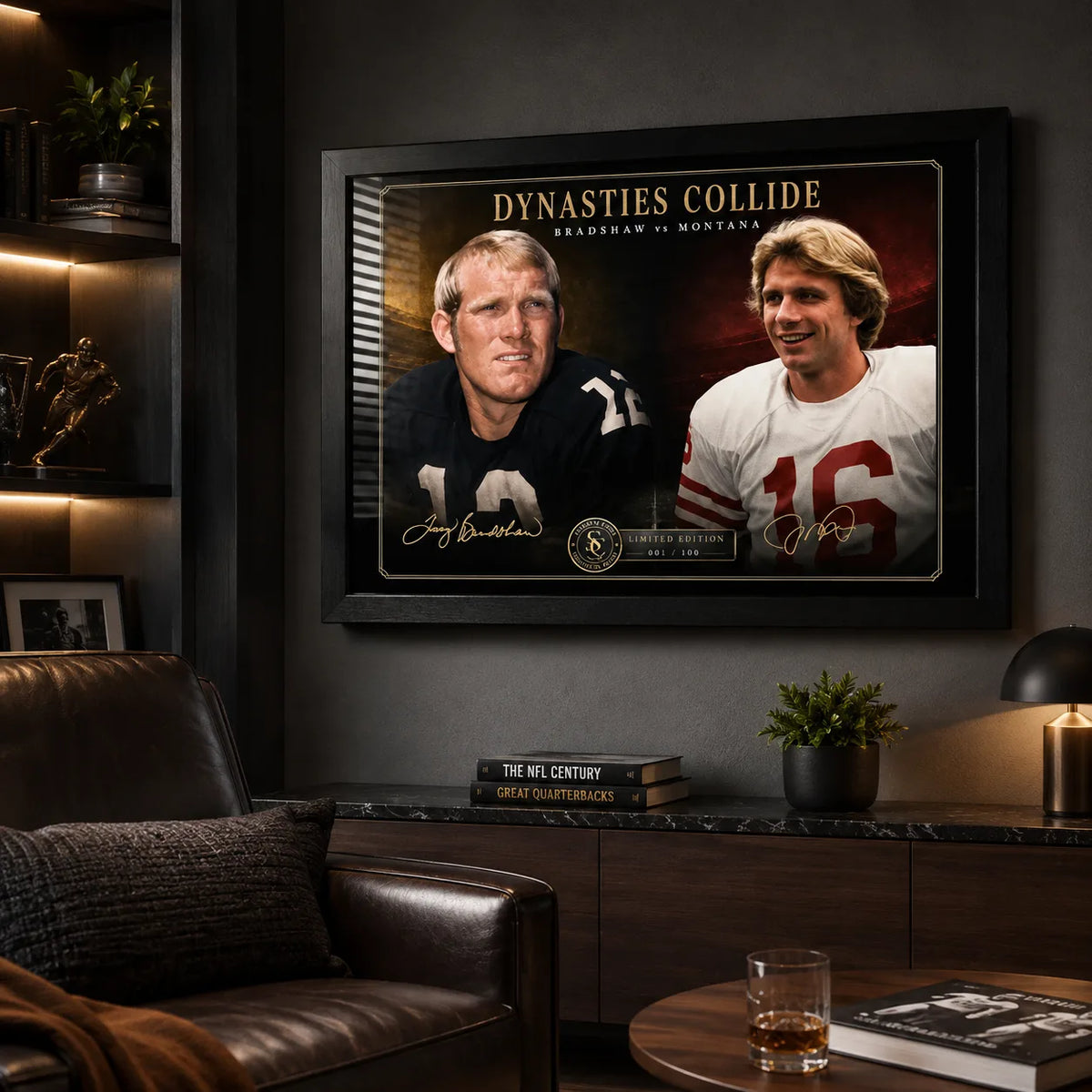 Dynasties Collide NFL wall art in a dark man cave, featuring Bradshaw and Montana in a black framed rivalry display.