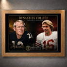 Oak framed Bradshaw vs Montana NFL wall art featuring the Dynasties Collide rivalry design for a football collection.